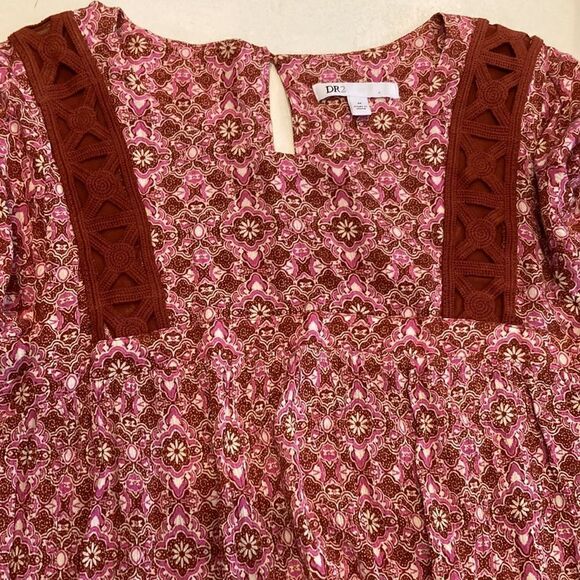 DR2 Women Pink Long Sleeve Button Cuff Scoop Neck Sweet Fit Boho Crochet Top m - Picture 6 of 7